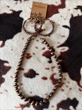 Brown Copper-Tone Beaded Necklace and Bracelet Set